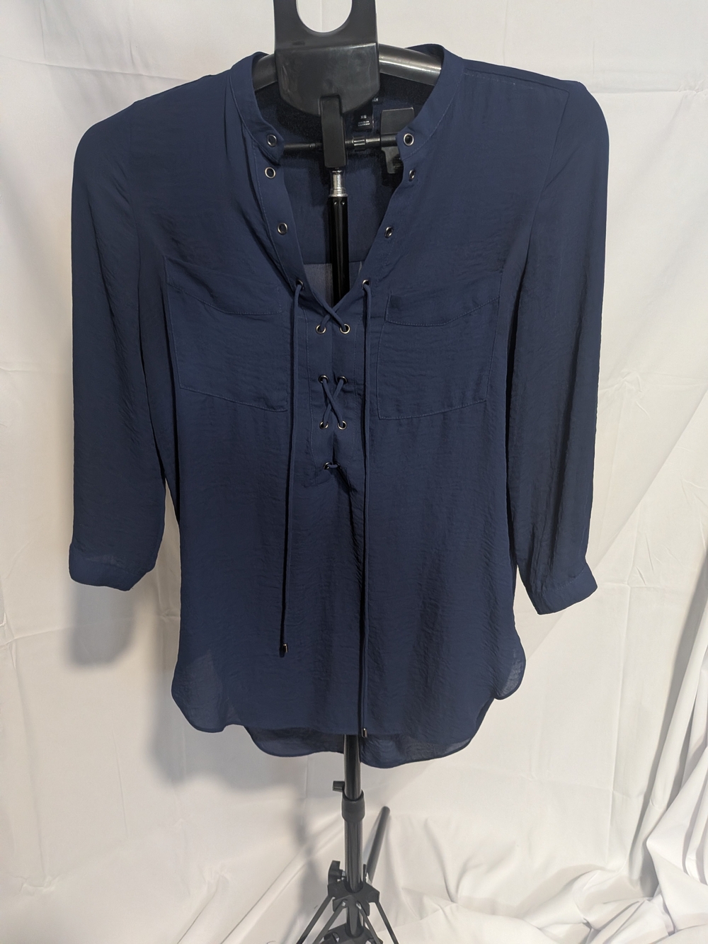 a.n.a Navy Lace-Up V-Neck Blouse